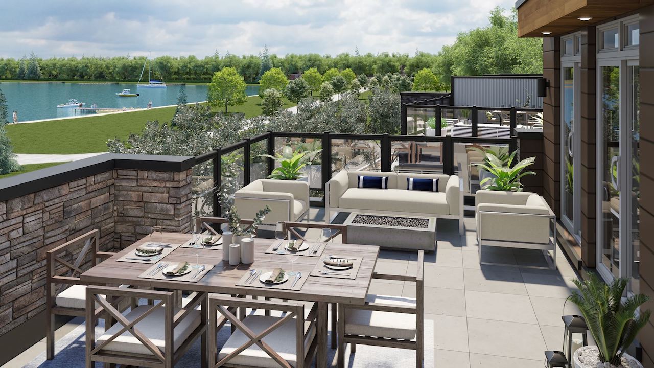 Rendering of Orillia Fresh Towns suite terrace day