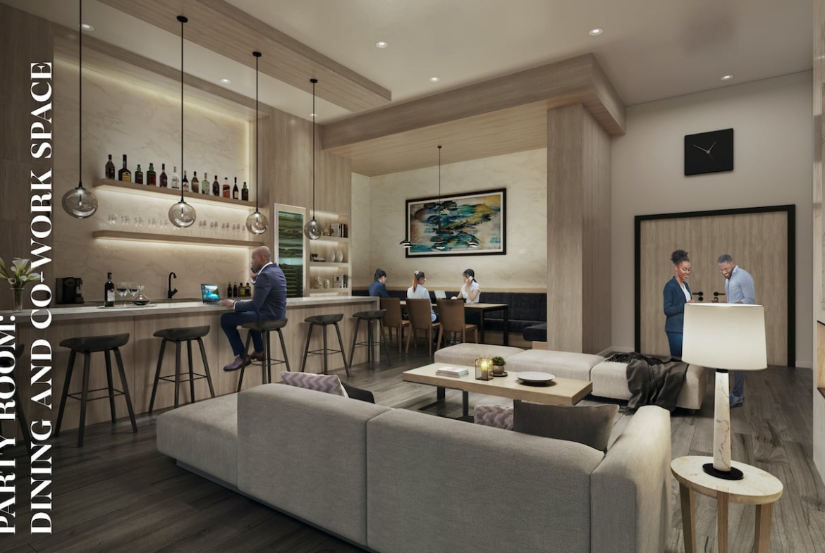 Rendering of Danny Danforth interior party room and co-working space