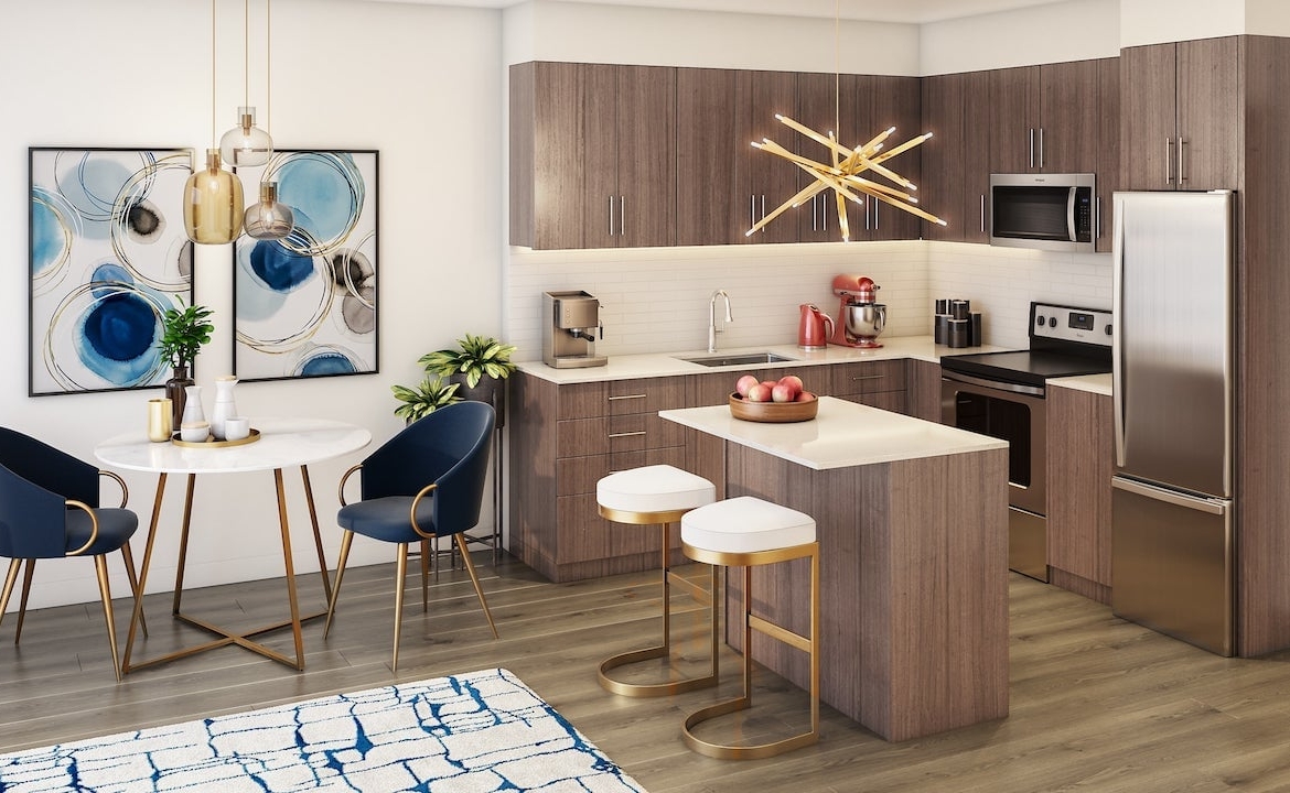 Rendering of LakeVu Two suite interior 1 bedroom kitchen