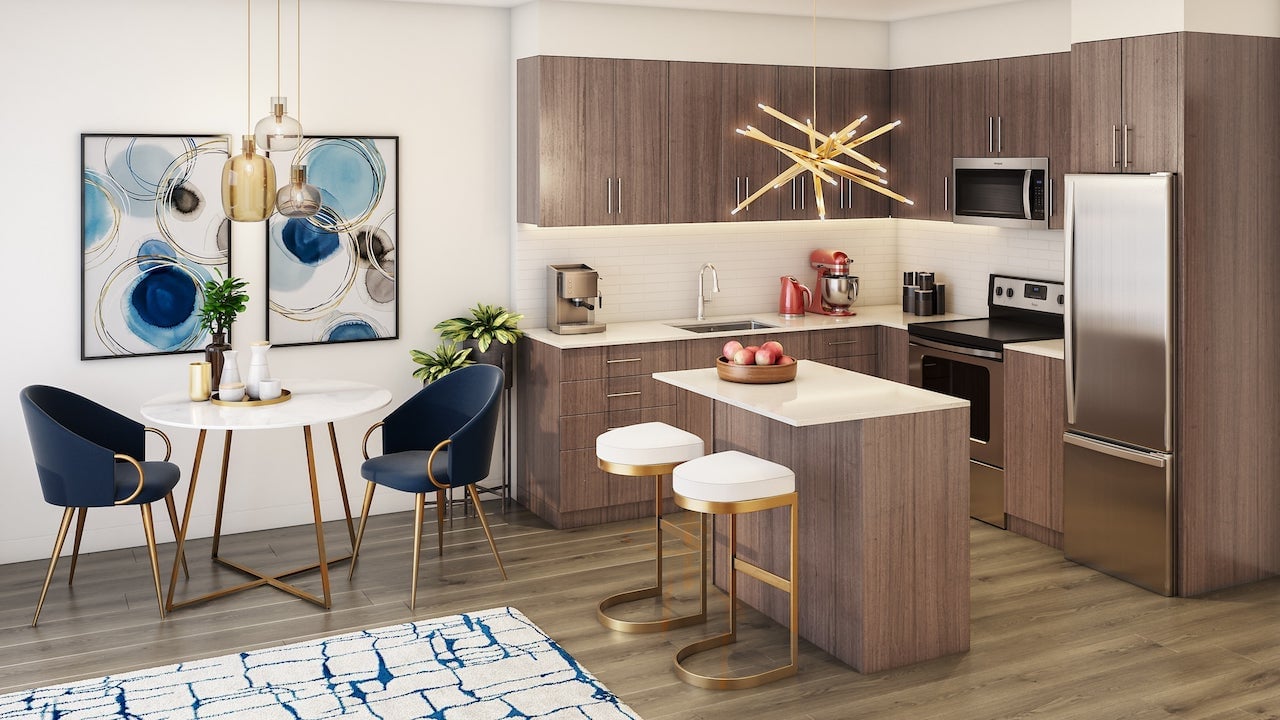 Rendering of LakeVu Two suite interior 1 bedroom kitchen