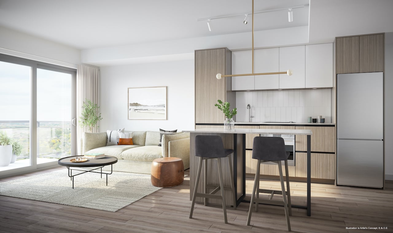 Rendering of Boulevard at the Thornhill suite kitchen and living area