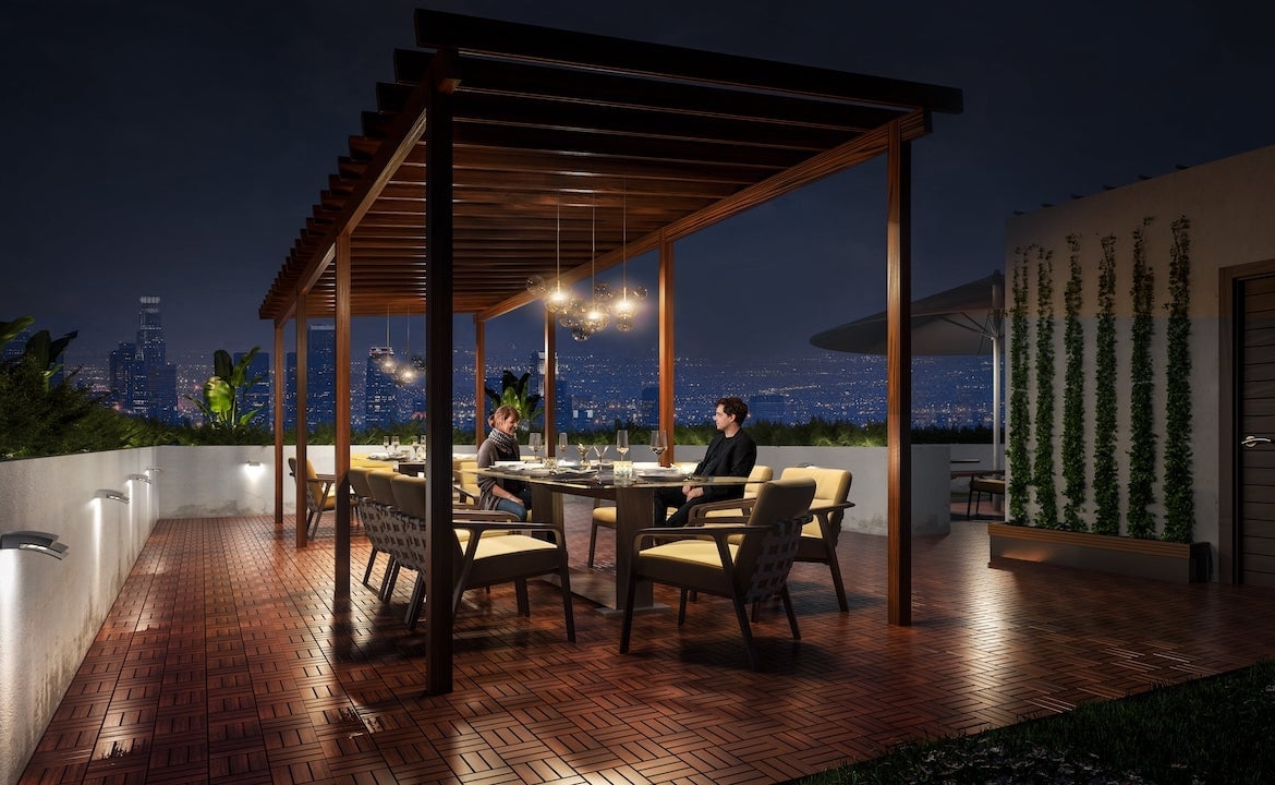 Rendering of Nahid on Broadview rooftop terrace at night