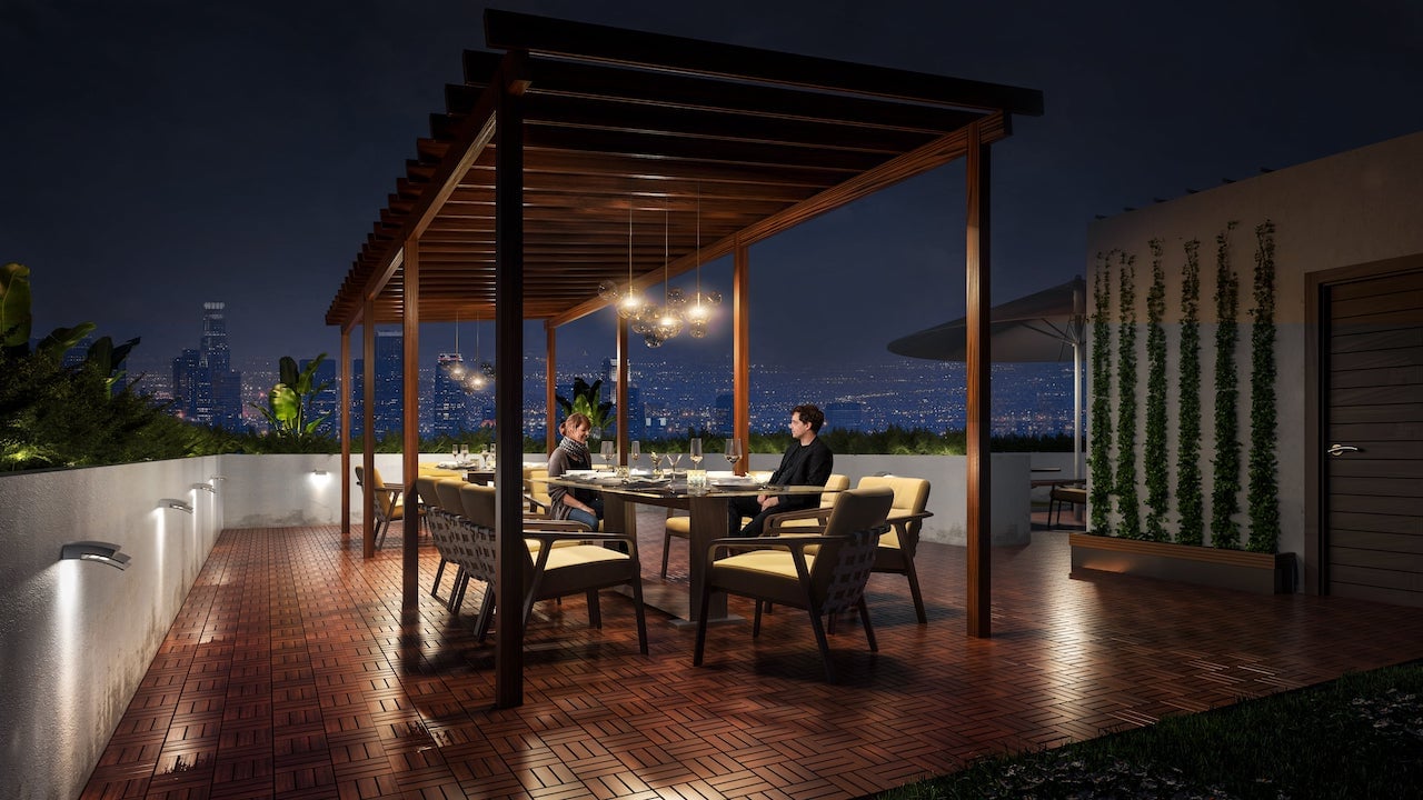 Rendering of Nahid on Broadview rooftop terrace at night