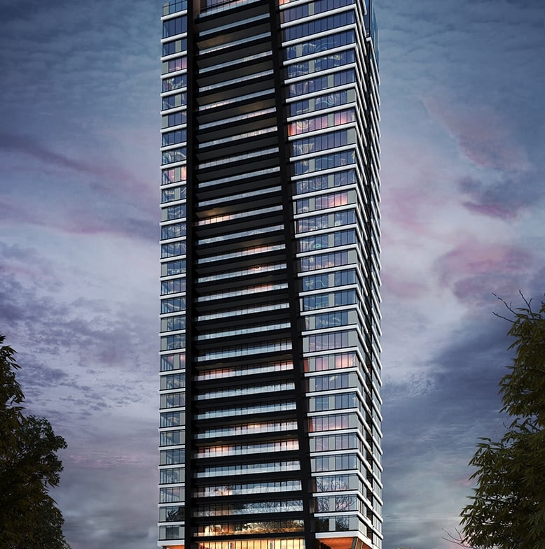 Rendering of LeftBank Condos exterior at night