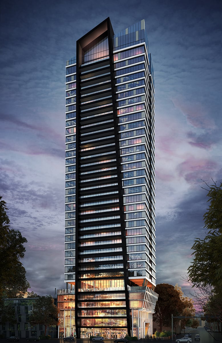 Rendering of LeftBank Condos exterior at night