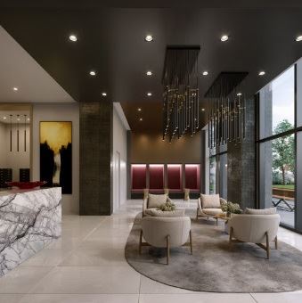 Rendering of LeftBank Condos lobby with lounge