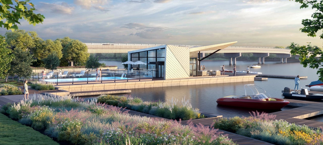 Rendering of Mariner's Pier Condos pool house and docks