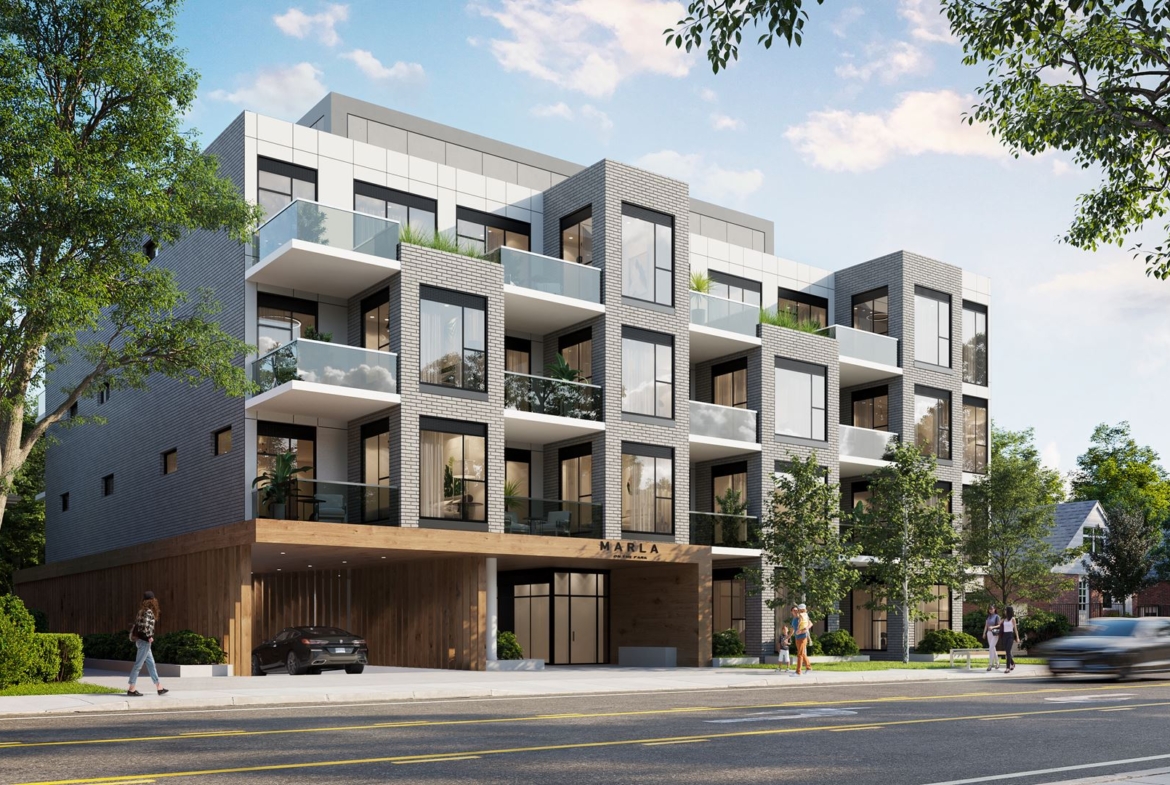 Side-view exterior rendering of Marla On The Park Condos in Toronto