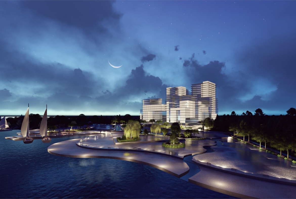 Aerial rendering of Nahid Harbour at night