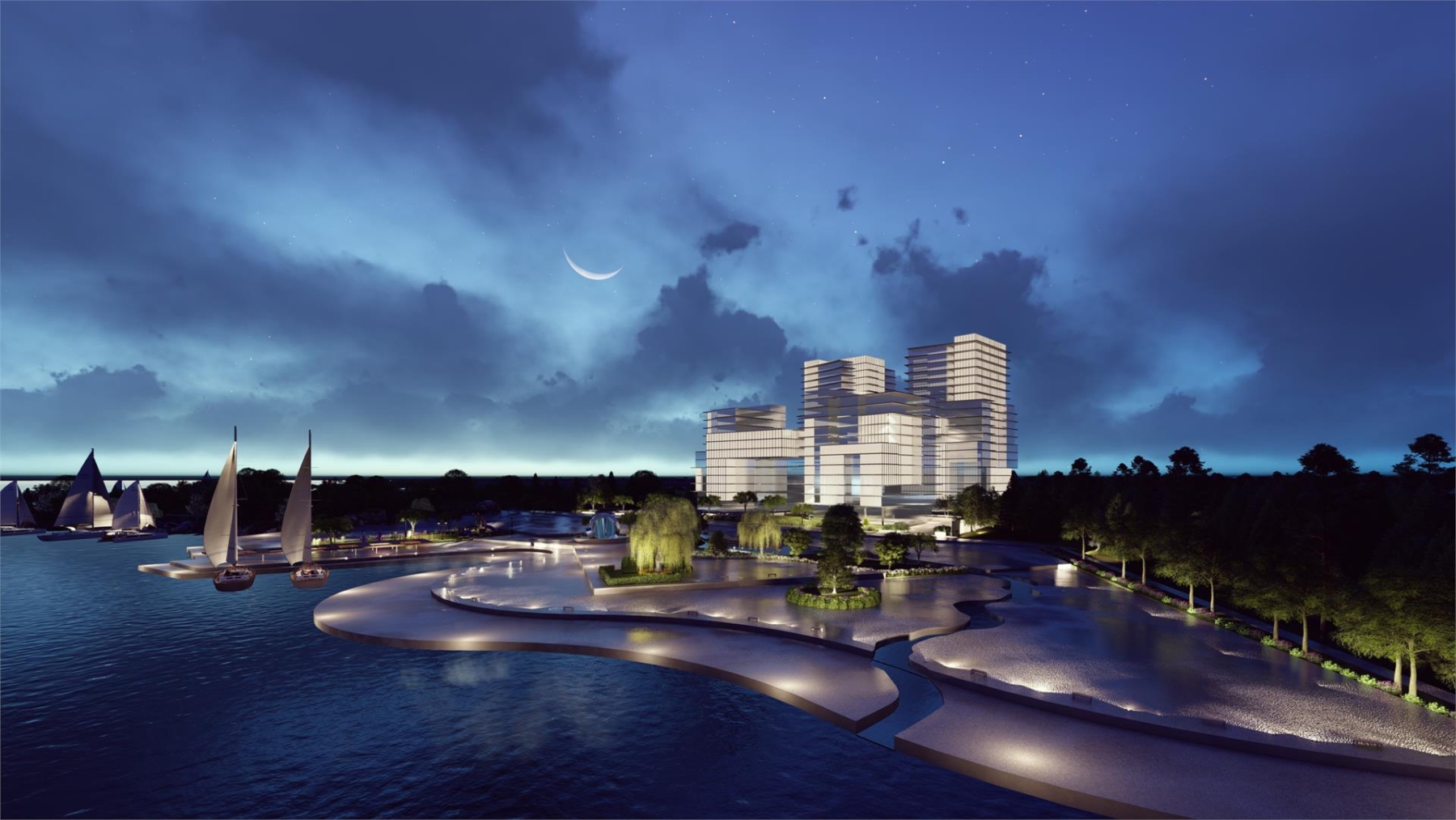 Aerial rendering of Nahid Harbour at night
