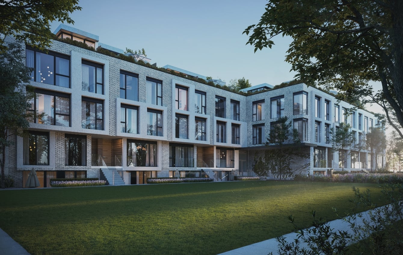 Exterior rendering of Residences on Keewatin Park Towns in the evening