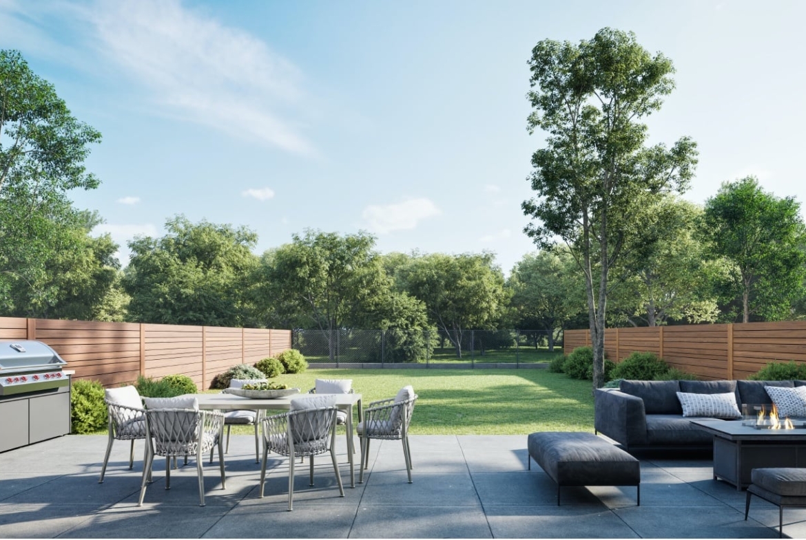 Exterior rendering of Residences on Keewatin Park Towns suite backyard with patio