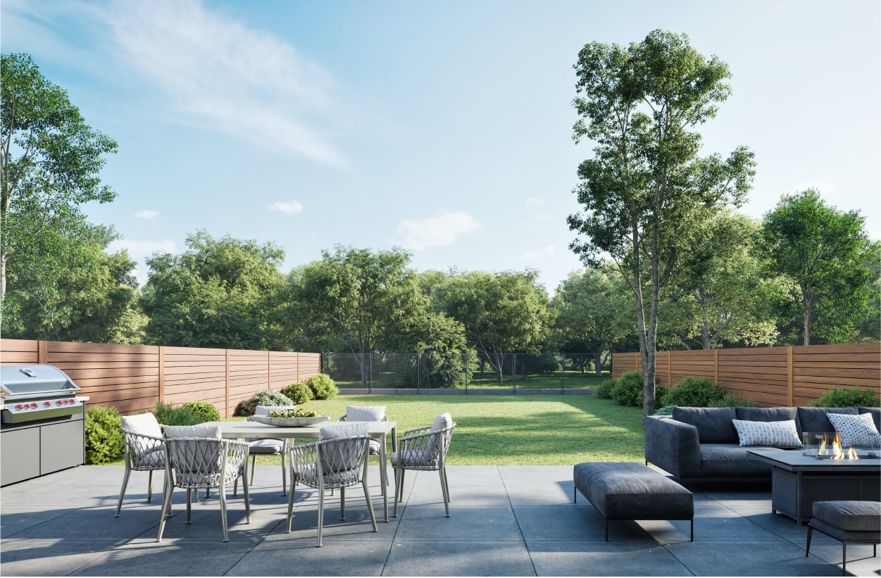 Exterior rendering of Residences on Keewatin Park Towns suite backyard with patio