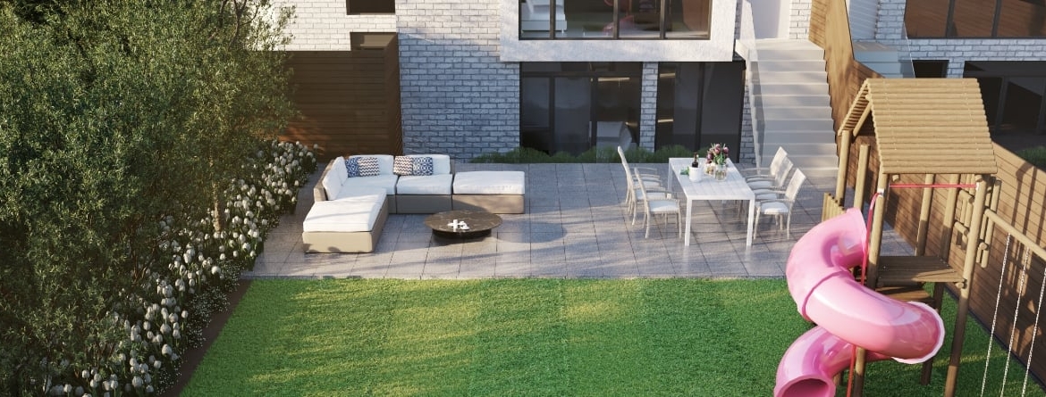Aerial Exterior rendering of Residences on Keewatin Park Towns suite backyard