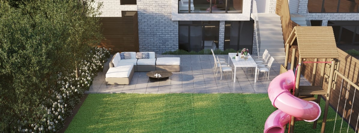 Aerial Exterior rendering of Residences on Keewatin Park Towns suite backyard