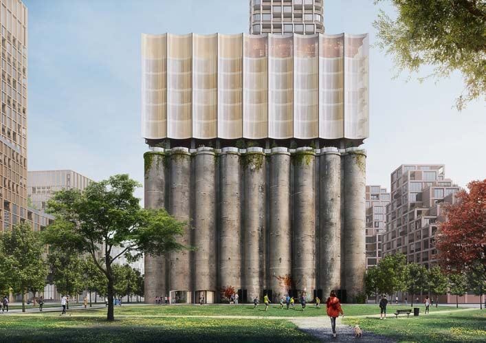 Rendering of Victory Silos Condos exterior silos view day