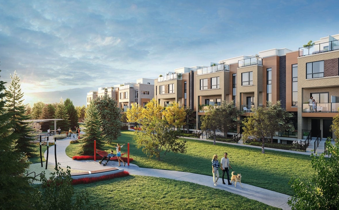 Rendering of Glenway Urban Towns exterior with pedestrian walkway