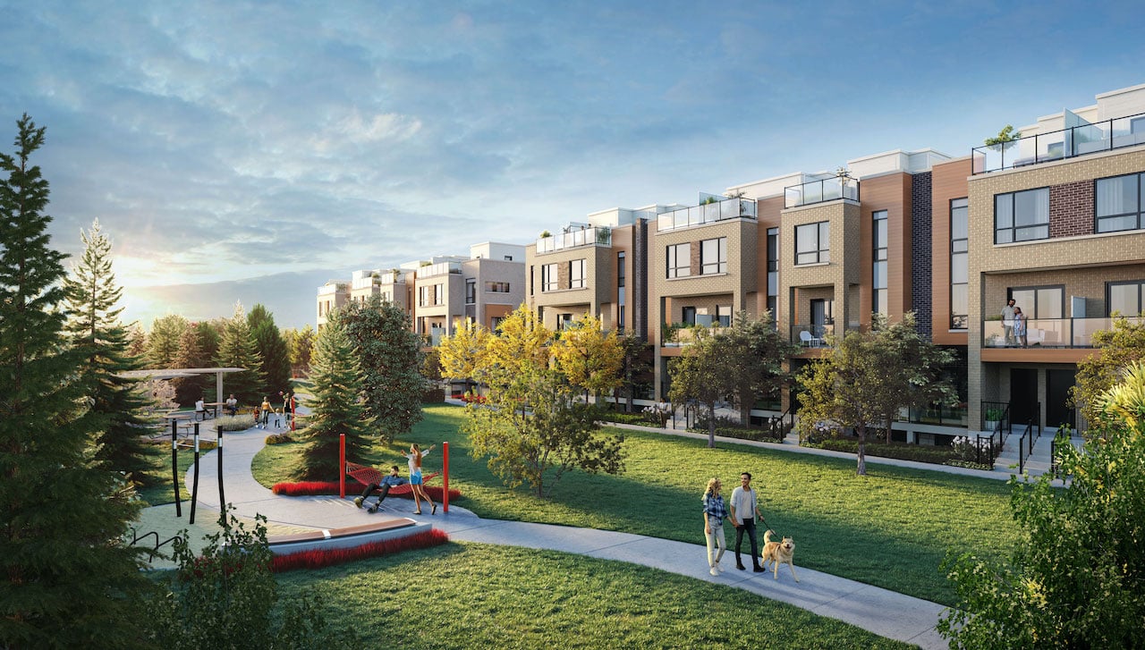 Rendering of Glenway Urban Towns exterior with pedestrian walkway