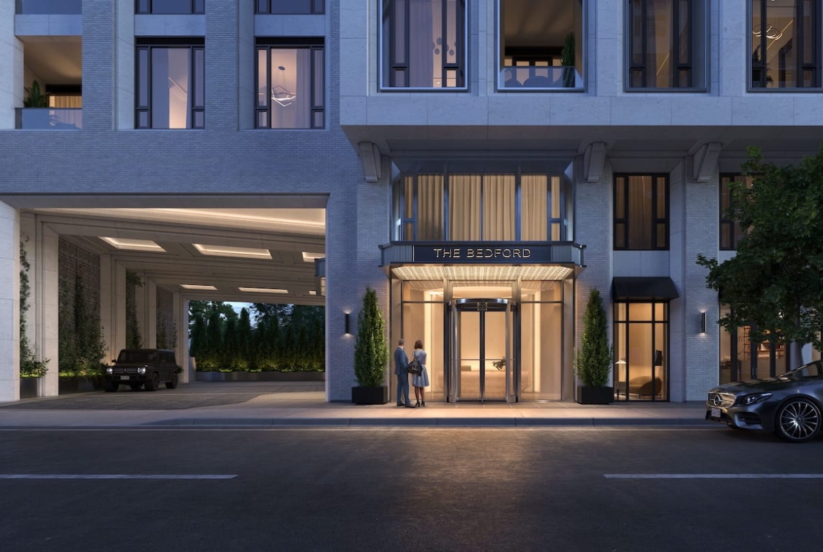 Rendering of The Bedford exterior entrance at night