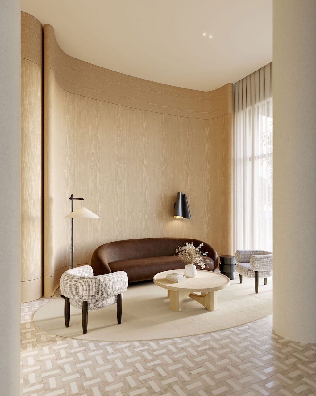 Rendering of The Bedford lobby with lounge