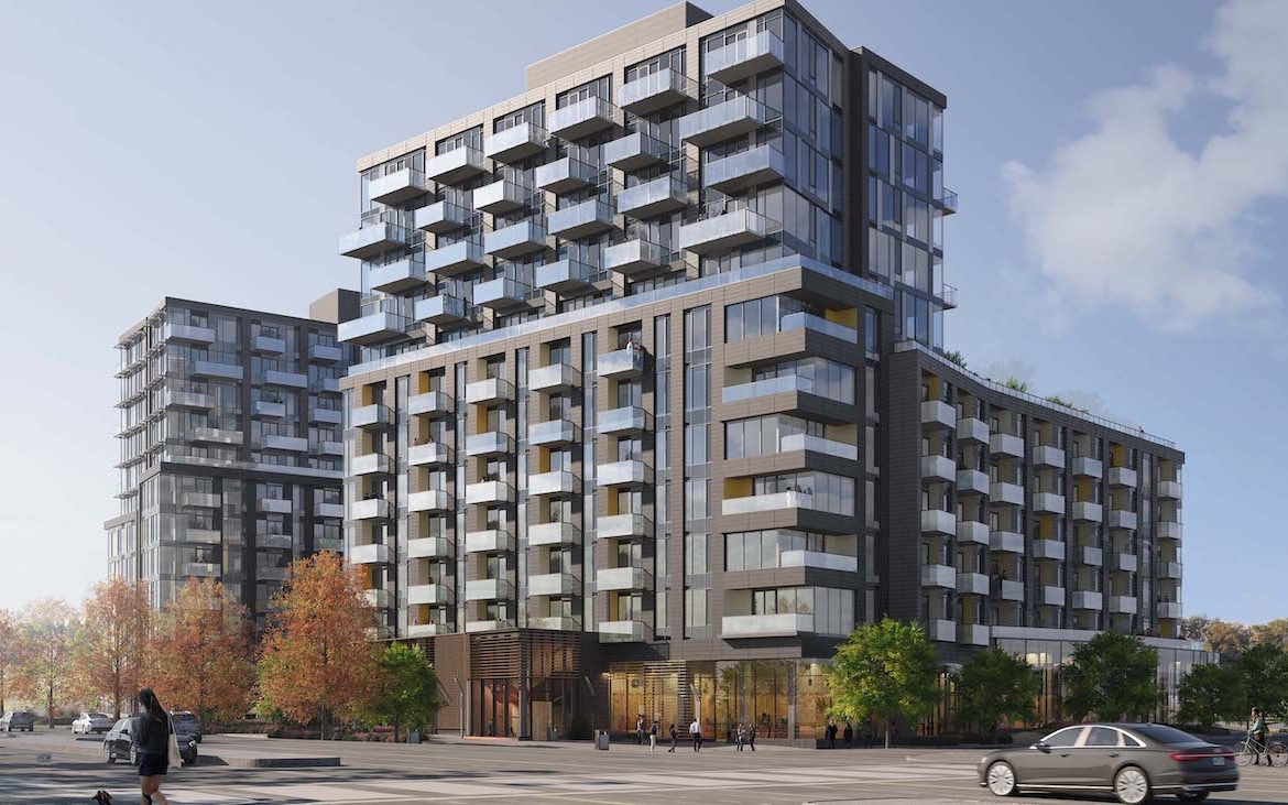Exterior rendering of ClockWork Condos during the day