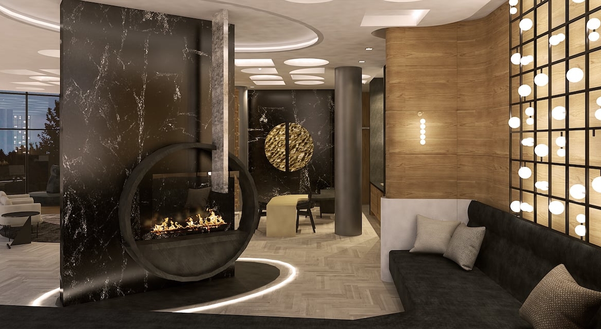 Crest Condos interior party room with fireplace
