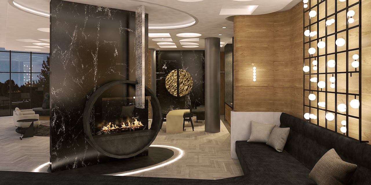 Crest Condos interior party room with fireplace