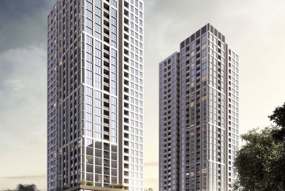 Exterior rendering of Distrikt Trafalgar Condo Towers in Oakville