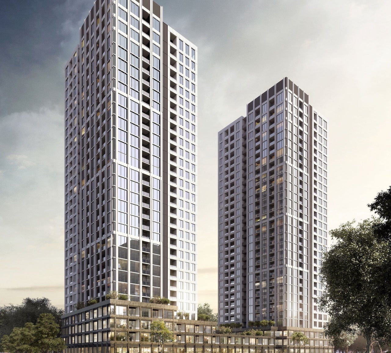 Exterior rendering of Distrikt Trafalgar Condo Towers in Oakville