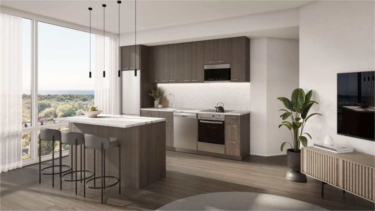 Rendering of The Narrative Condos suite interior kitchen