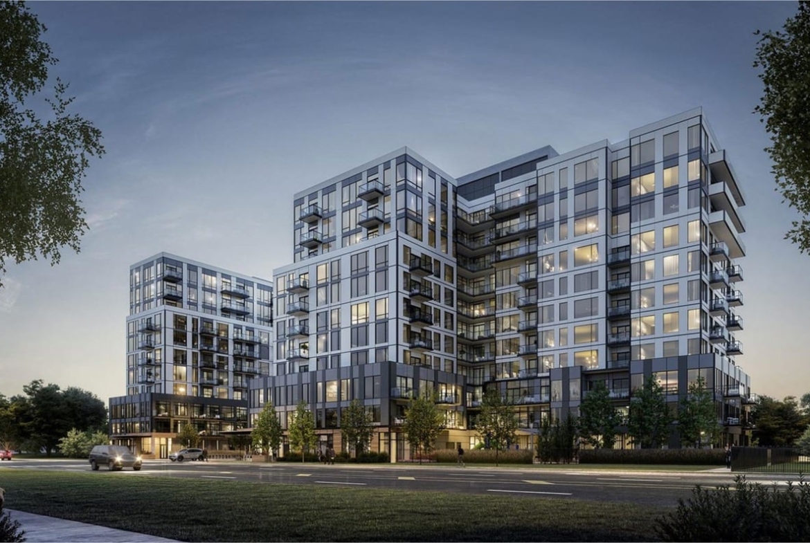 Rendering of The Narrative Condos exterior at night