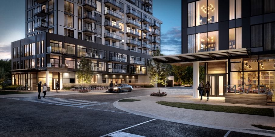 Rendering of The Narrative Condos exterior entrance at night