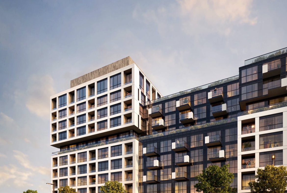 Rendering of Verge Condos exterior in the evening