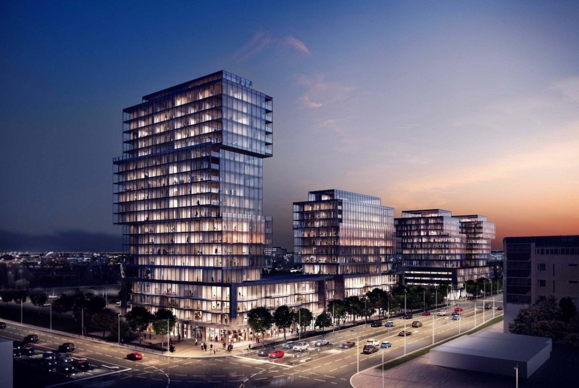 Rendering of Verge Condos full view at night.