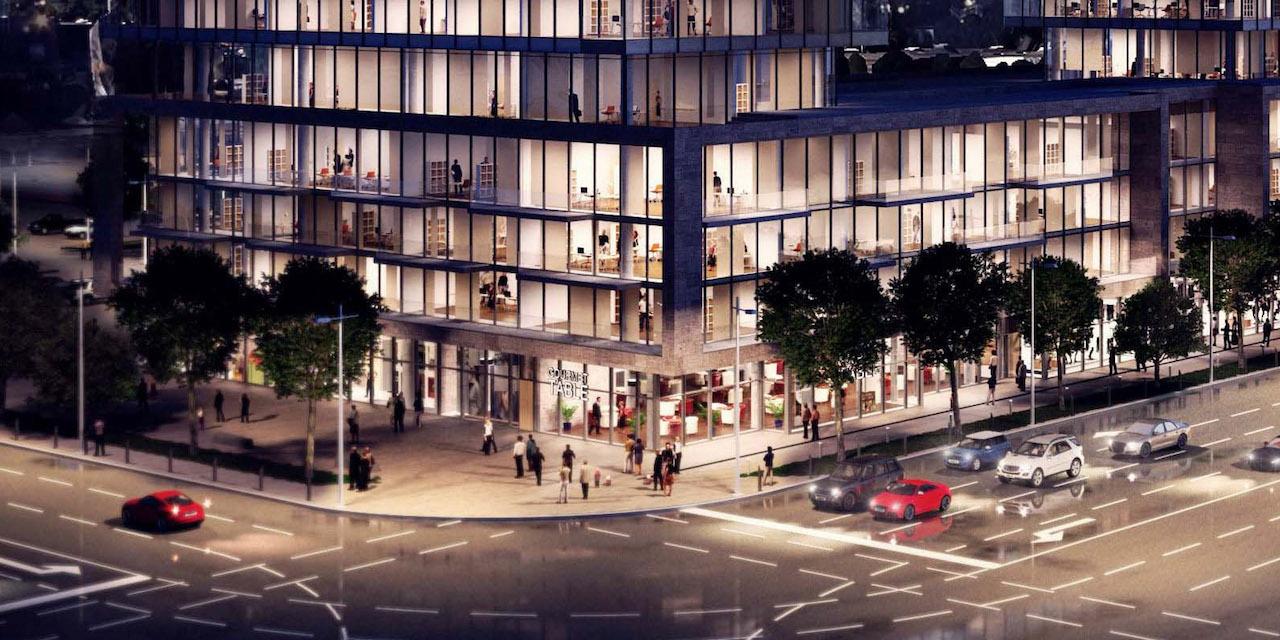 Rendering of Verge Condos streetscape at night.