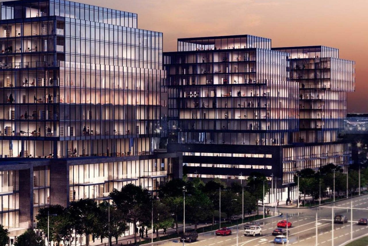 Rendering of Verge Condos exterior close-up at night.