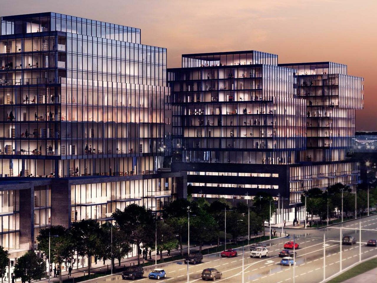 Rendering of Verge Condos exterior close-up at night.