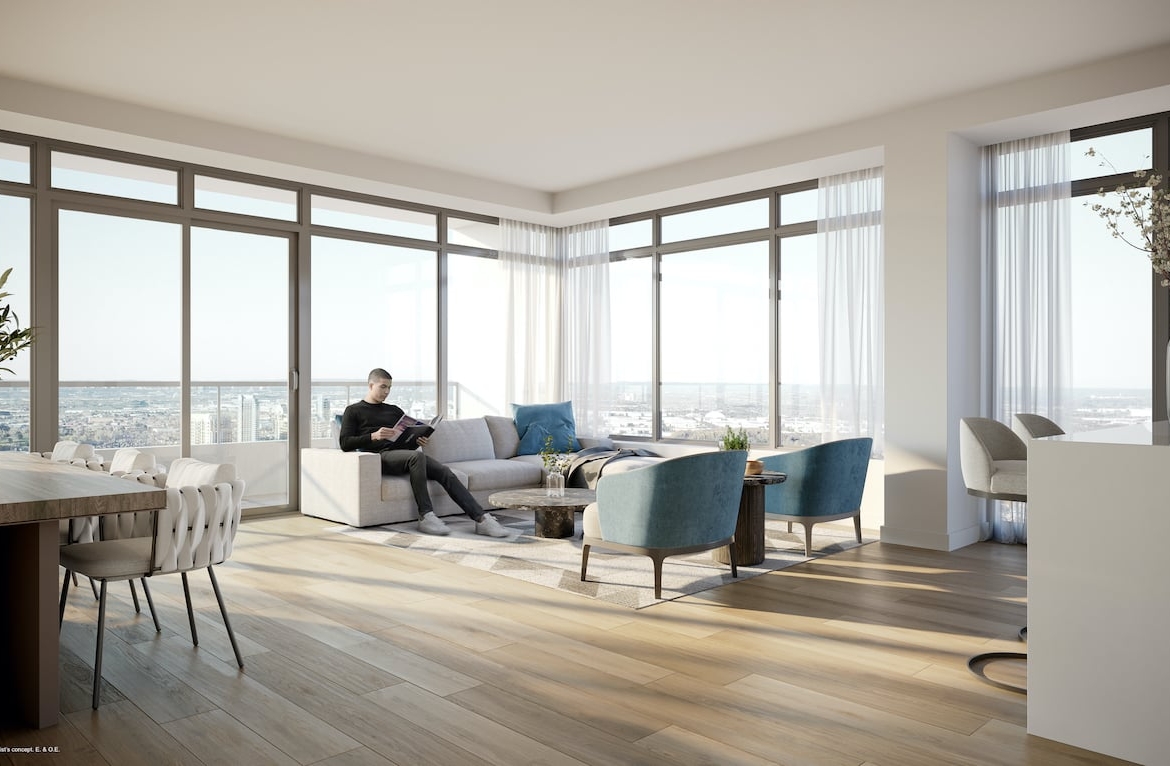 Rendering of EX3 Condos interior kitchen and living space