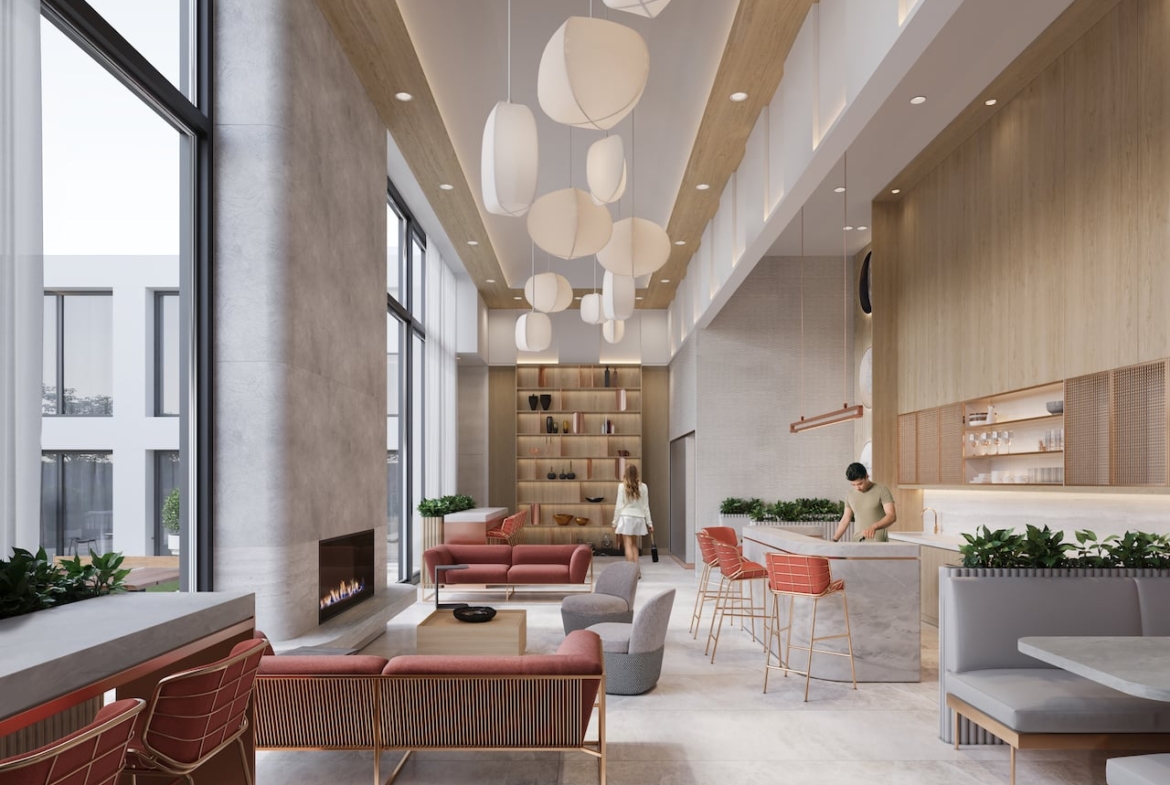 Rendering of WestLine Condos exterior rooftop interior co-working space