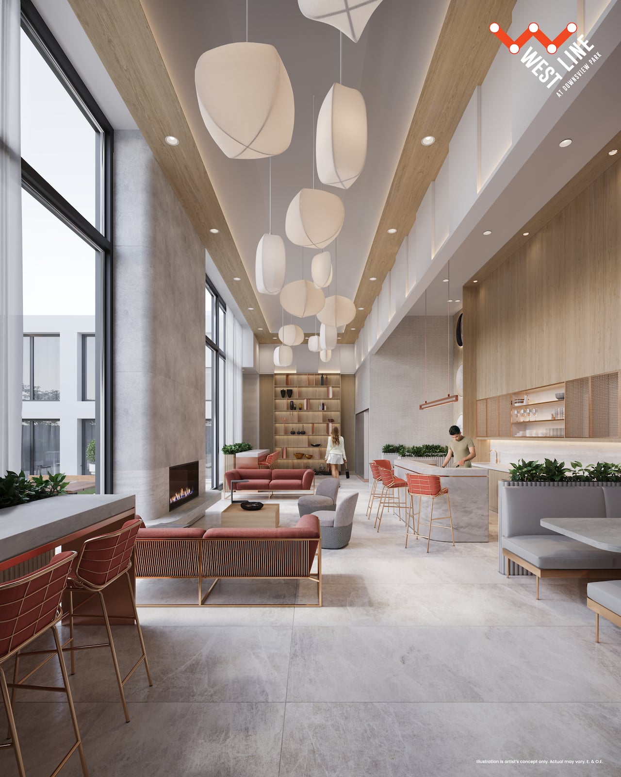 Rendering of WestLine Condos exterior rooftop interior co-working space