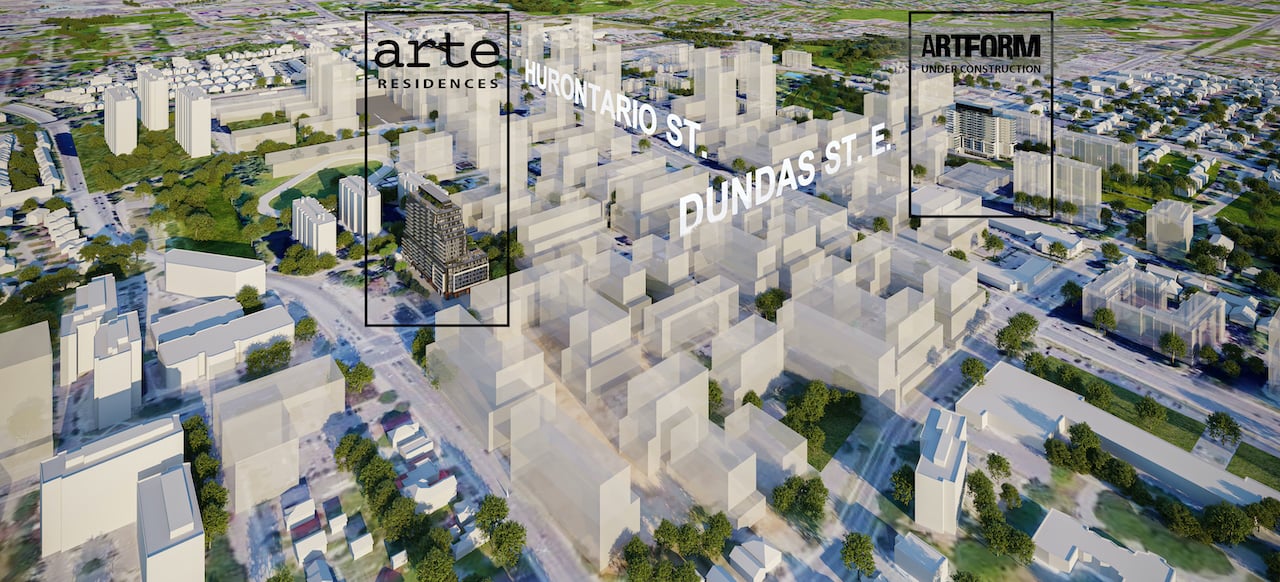 Aerial rendering of Artform and Arte Condos in Cooksville