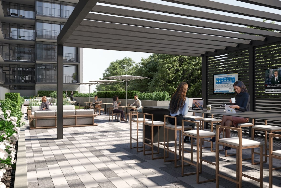 Rendering of Arte Condos outdoor co-working lounge