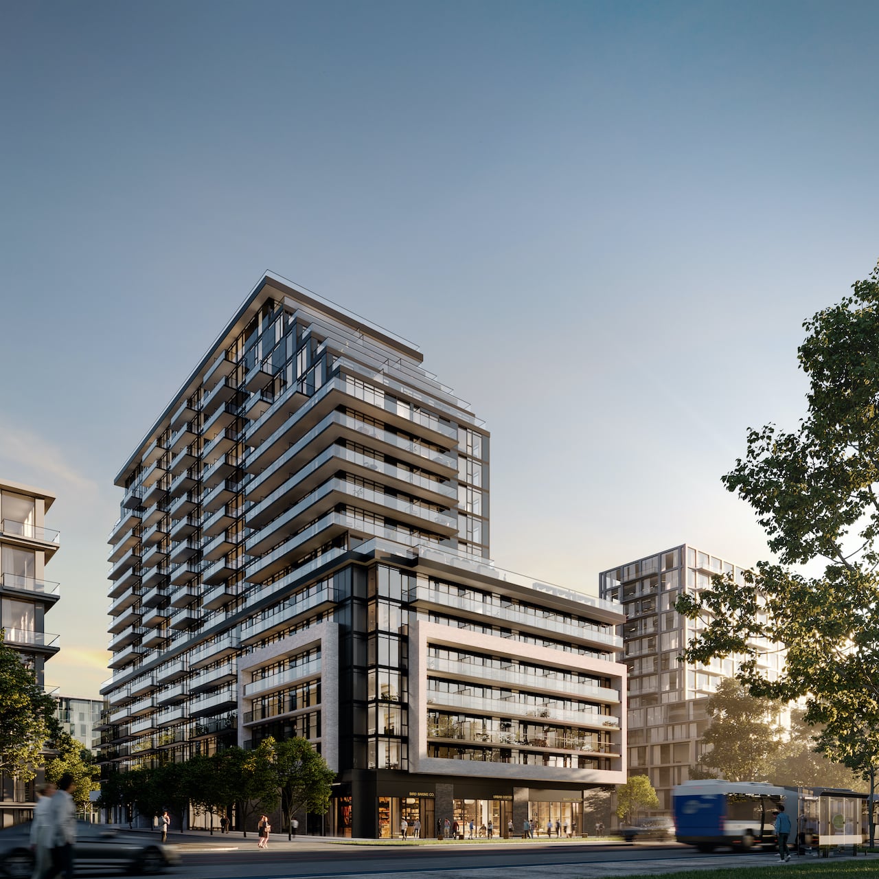Rendering of Arte Residences exterior corner with BRT