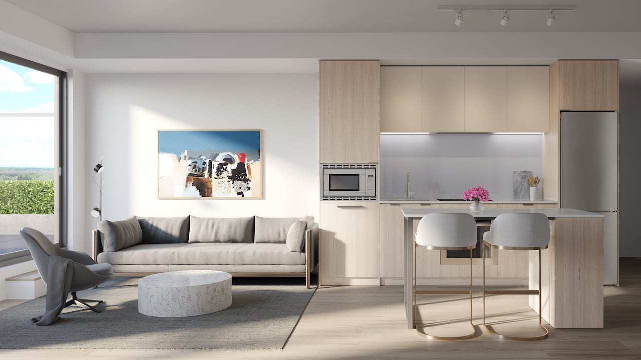 Rendering of Arte Residences kitchen and living with island neige