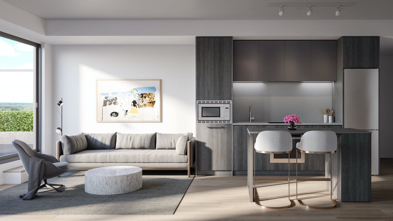 Rendering of Arte Residences kitchen and living with island ombre