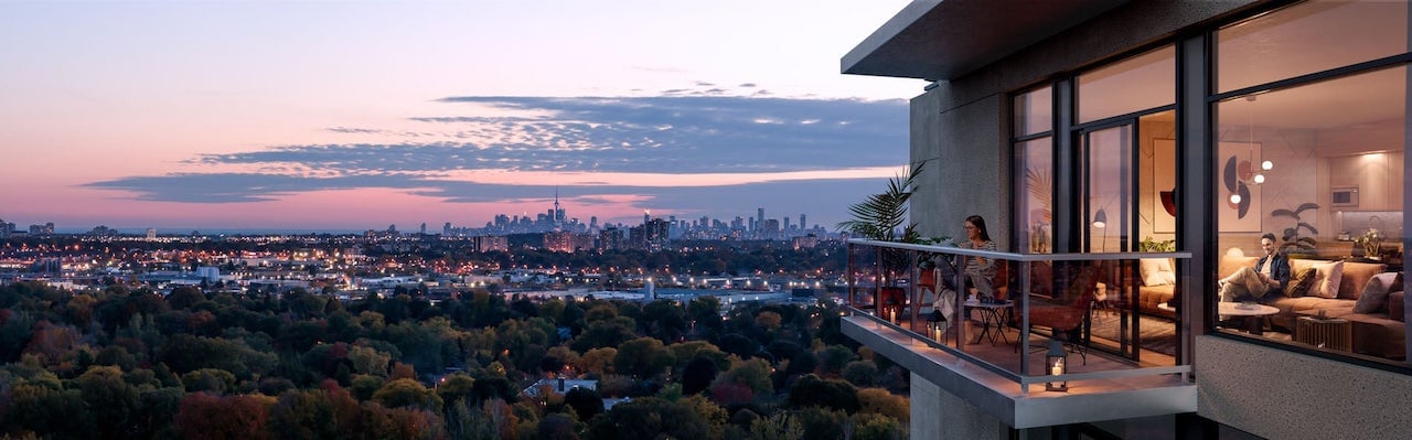 Rendering of ELLE Condos balcony view in the evening