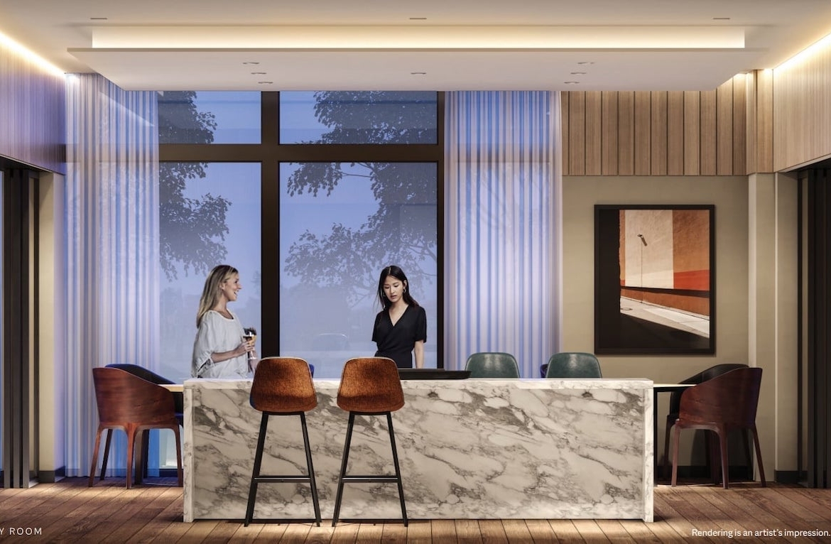 Rendering of ELLE Condos party room with island