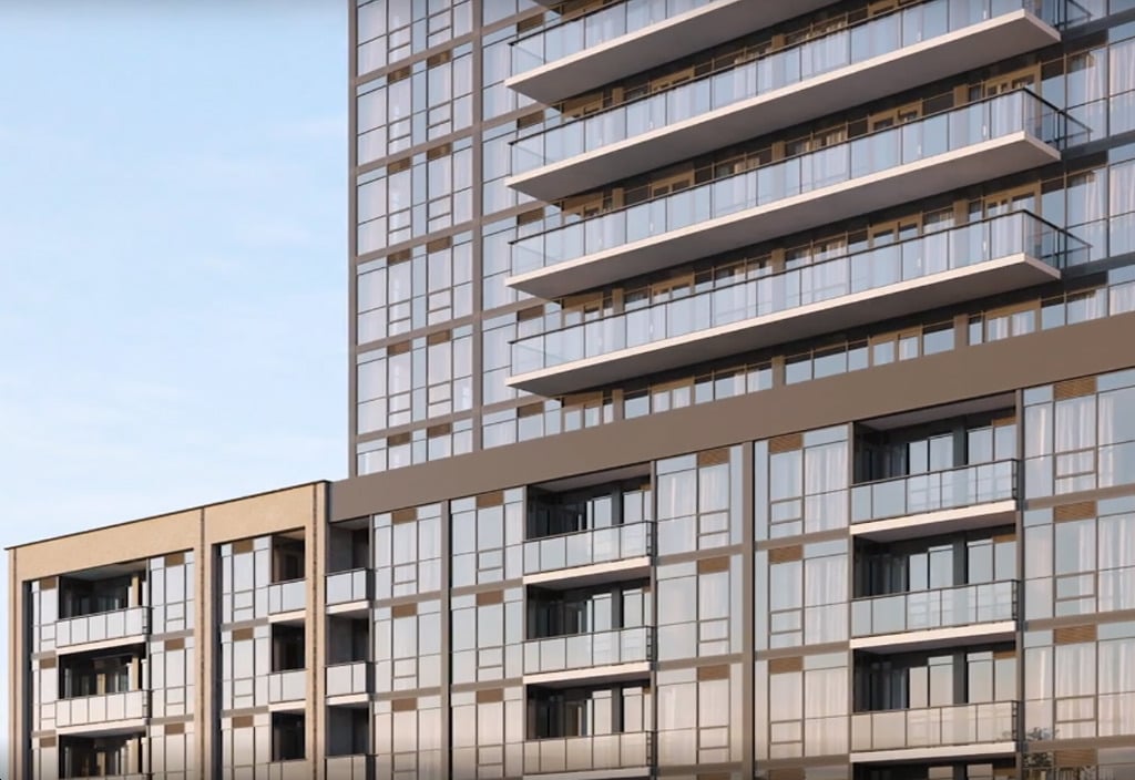 Rendering of The Millhouse Condos exterior closeup of lower levels