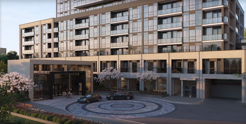 Rendering of The Millhouse Condos exterior podium view
