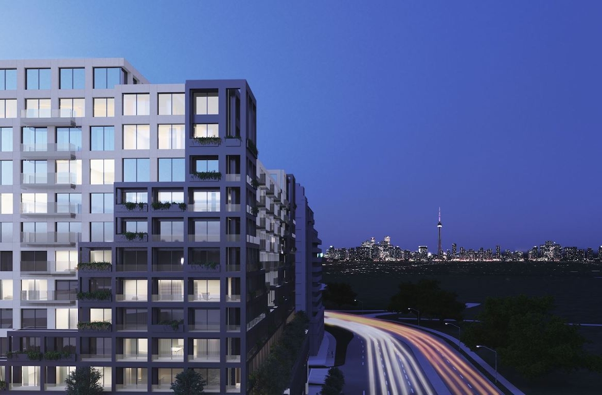 Rendering of Westline Condos exterior at night